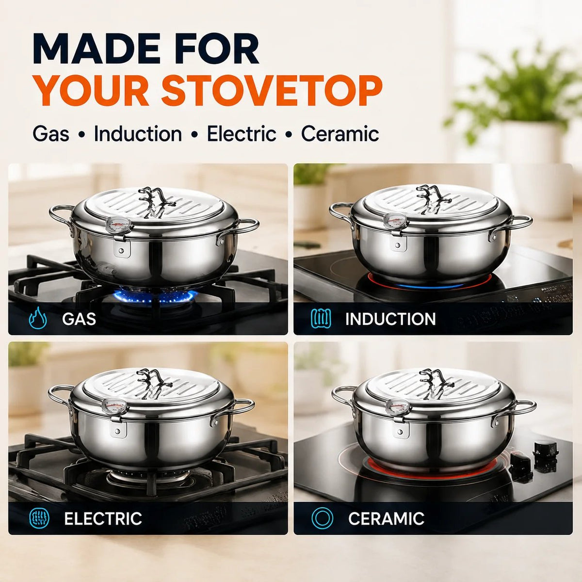🍟 Fry Crispy Food at Home – Stovetop Deep Fryer Pot with Thermometer & Drain Rack