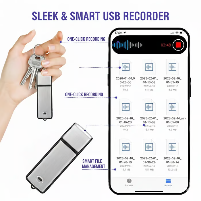 USB Flash Drive Voice Recorder 2-in-1 – Voice Activated, Smart Noise Reduction,, Auto File Save