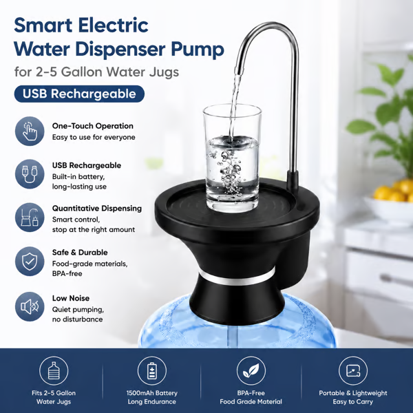 Smart Electric Water Dispenser Pump for 2-5 Gallon Water Jugs, USB Rechargeable with 2 Switch Control