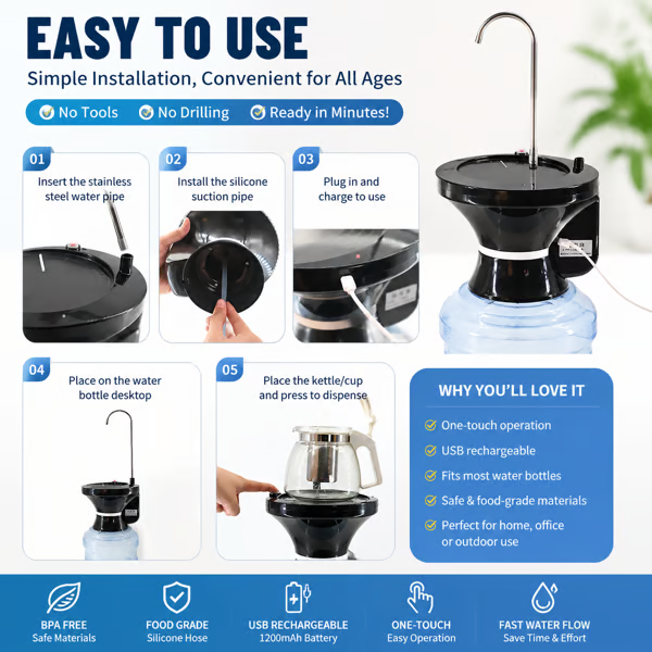 Smart Electric Water Dispenser Pump for 2-5 Gallon Water Jugs, USB Rechargeable with 2 Switch Control