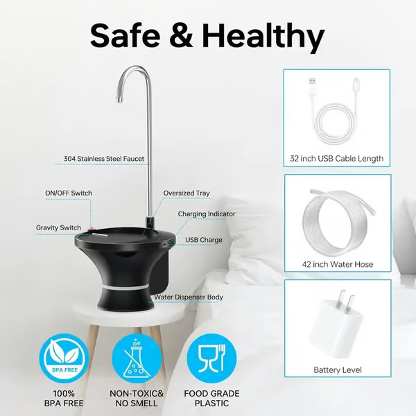 Smart Electric Water Dispenser Pump for 2-5 Gallon Water Jugs, USB Rechargeable with 2 Switch Control