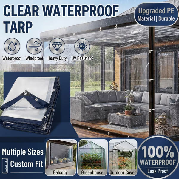 Clear Waterproof PE Tarp, Transparent Outdoor Cover with Metal Grommets💧