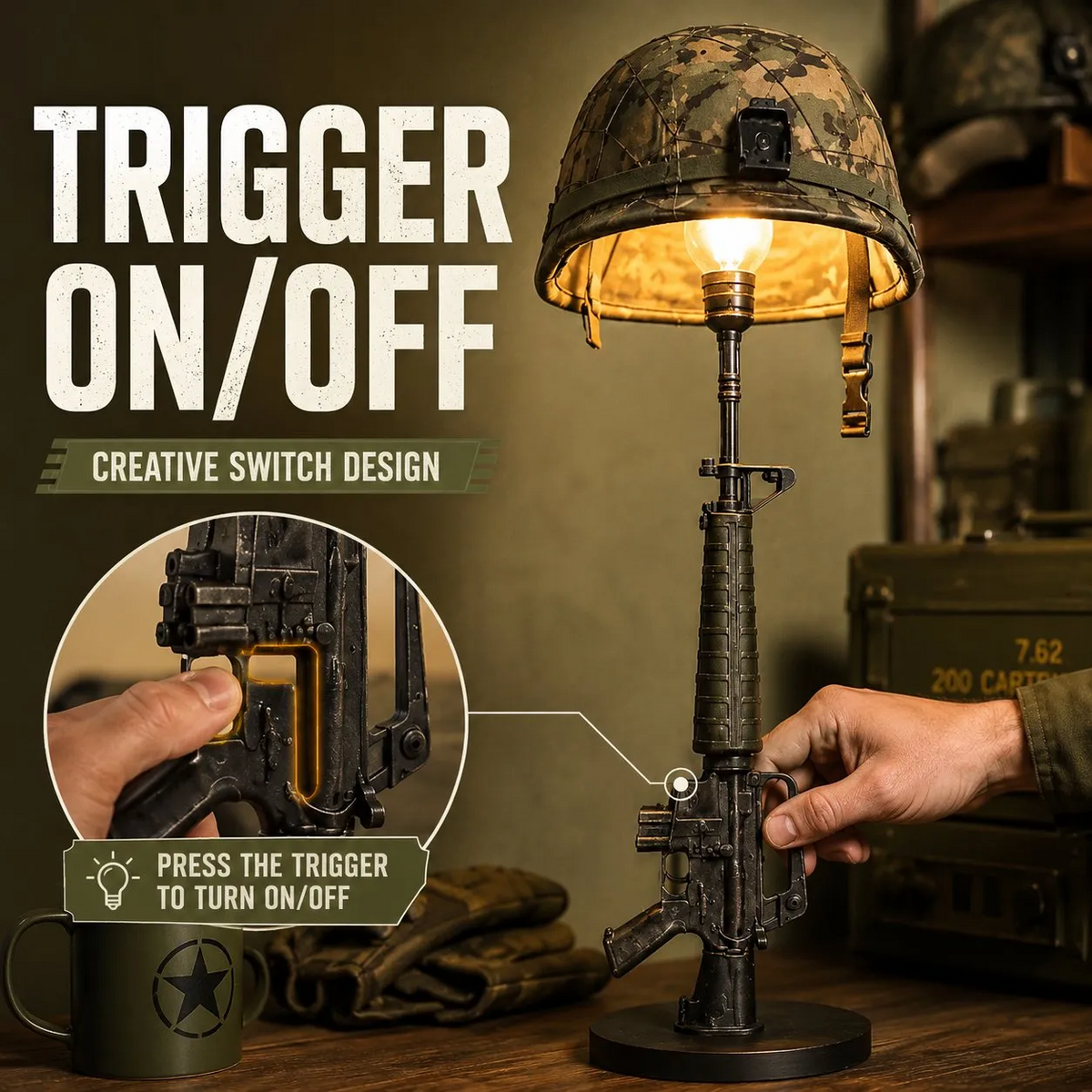 Military-Style Helmet Table Lamp with Trigger Switch