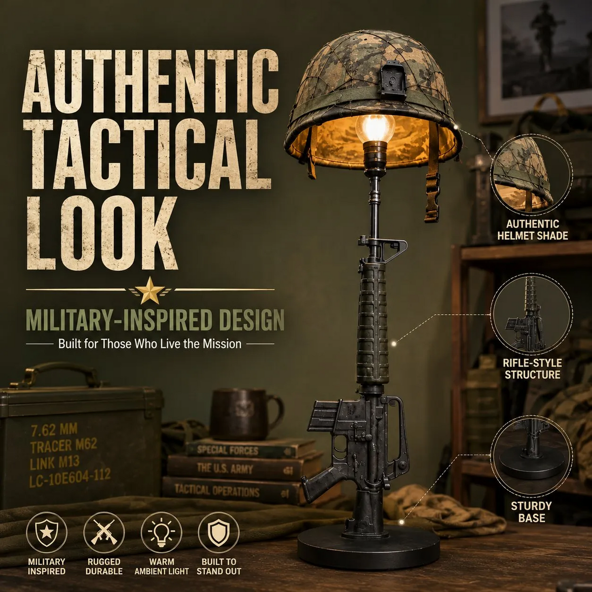 Military-Style Helmet Table Lamp with Trigger Switch