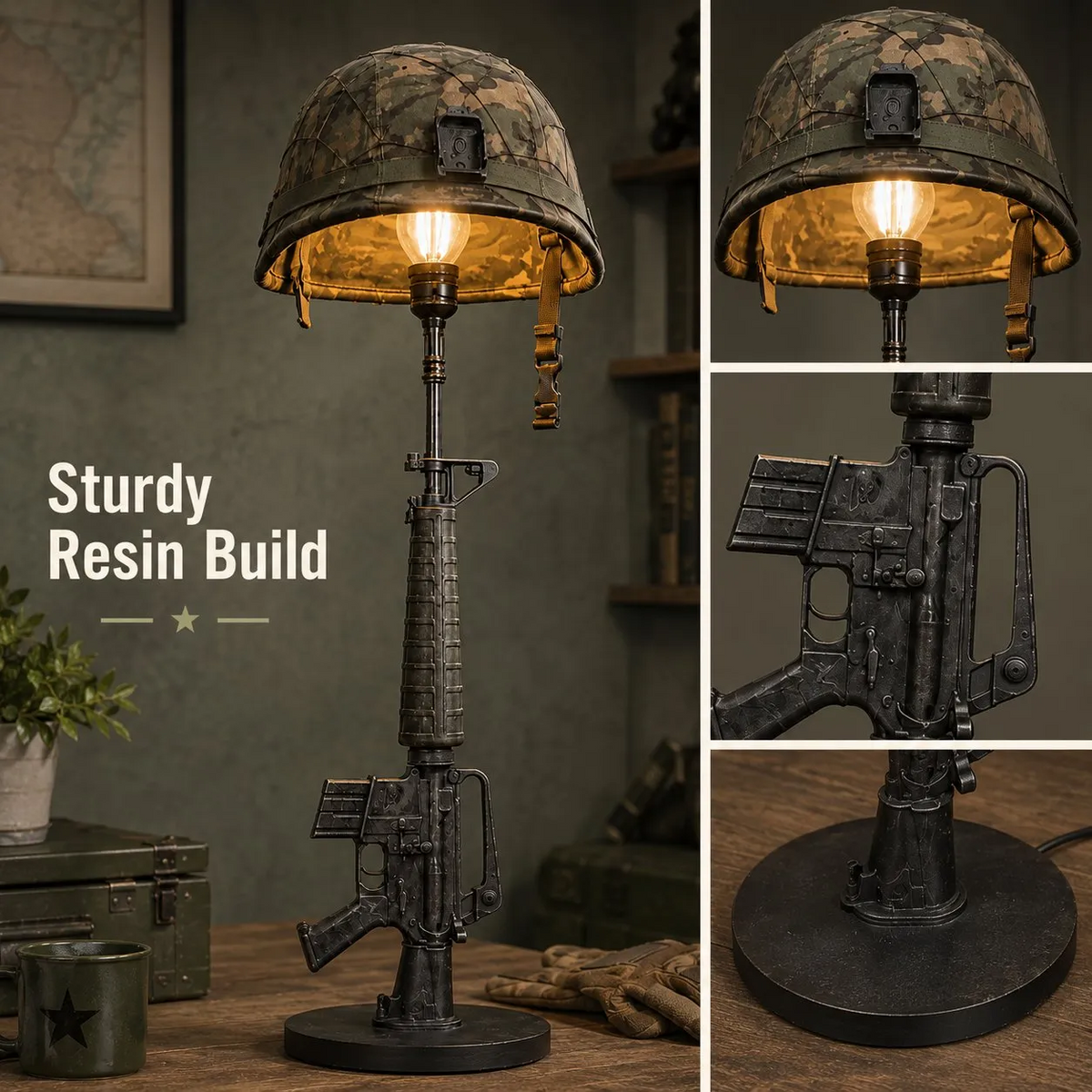 Military-Style Helmet Table Lamp with Trigger Switch