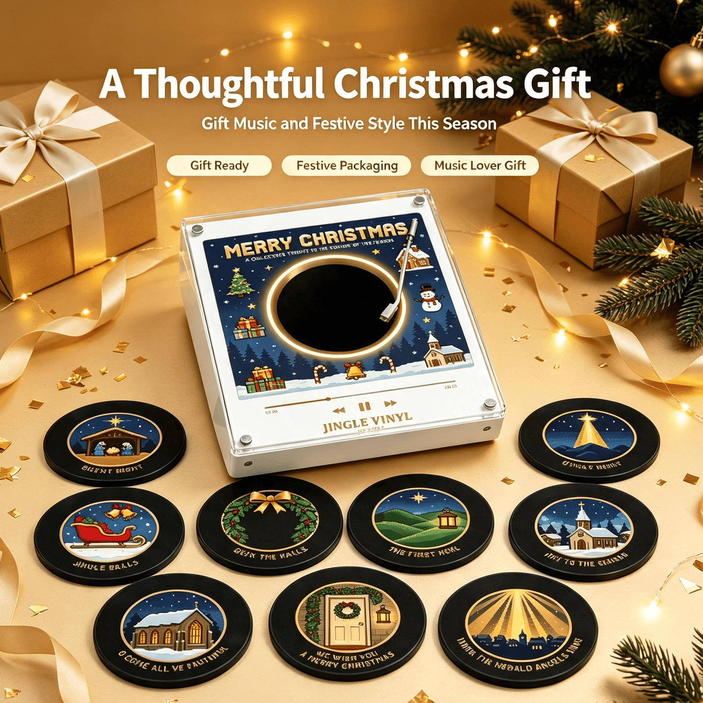 Christmas Collectible Vinyl‐Style Magnetic Music Player Set