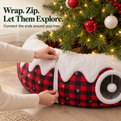 🎄 Christmas Cat Tunnel & Tree Skirt | Festive Plaid Hideaway with Hanging Pompom