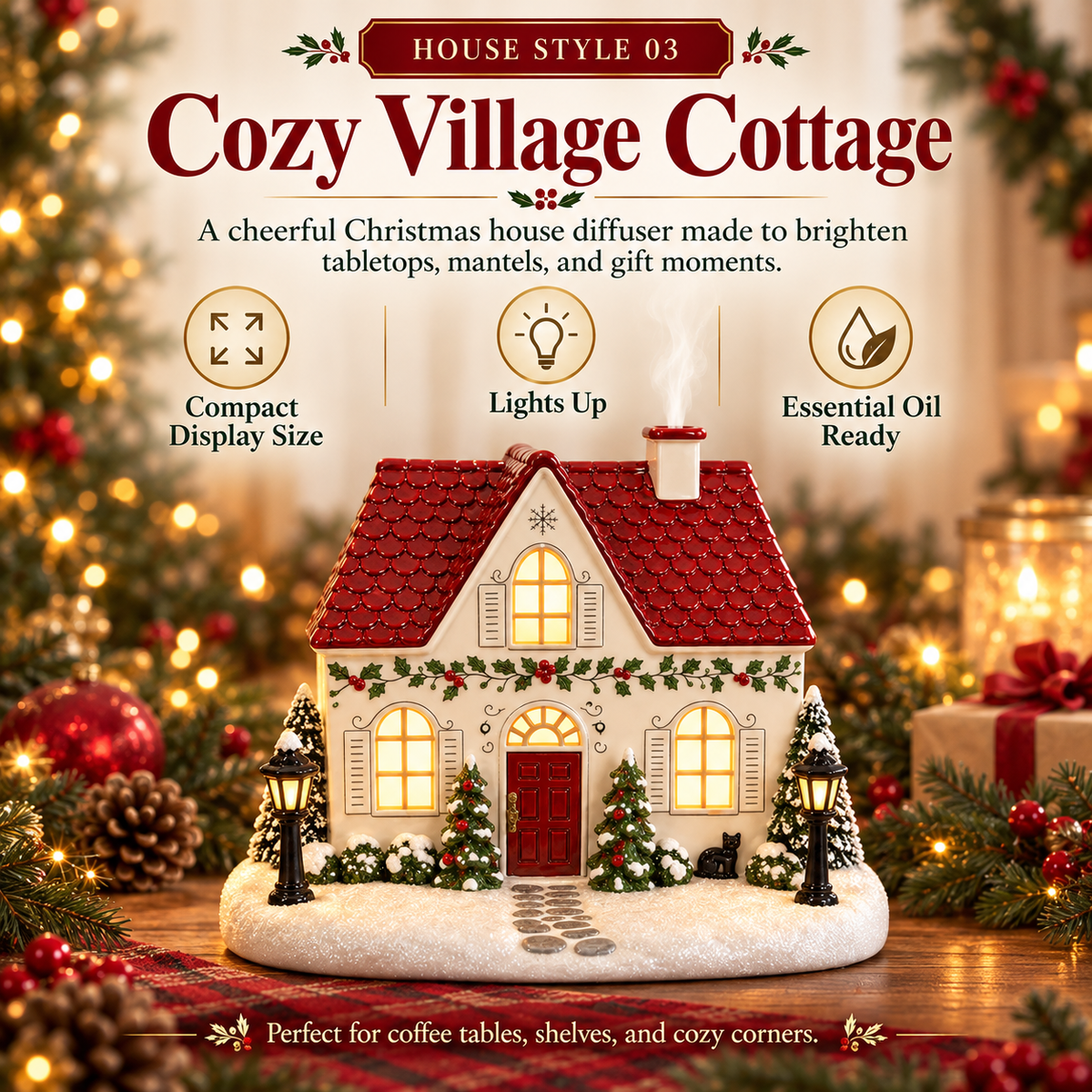 ✨🎄Christmas House Essential Oil Diffuser – 🏘️Glowing Holiday Decor with Chimney Mist🌿