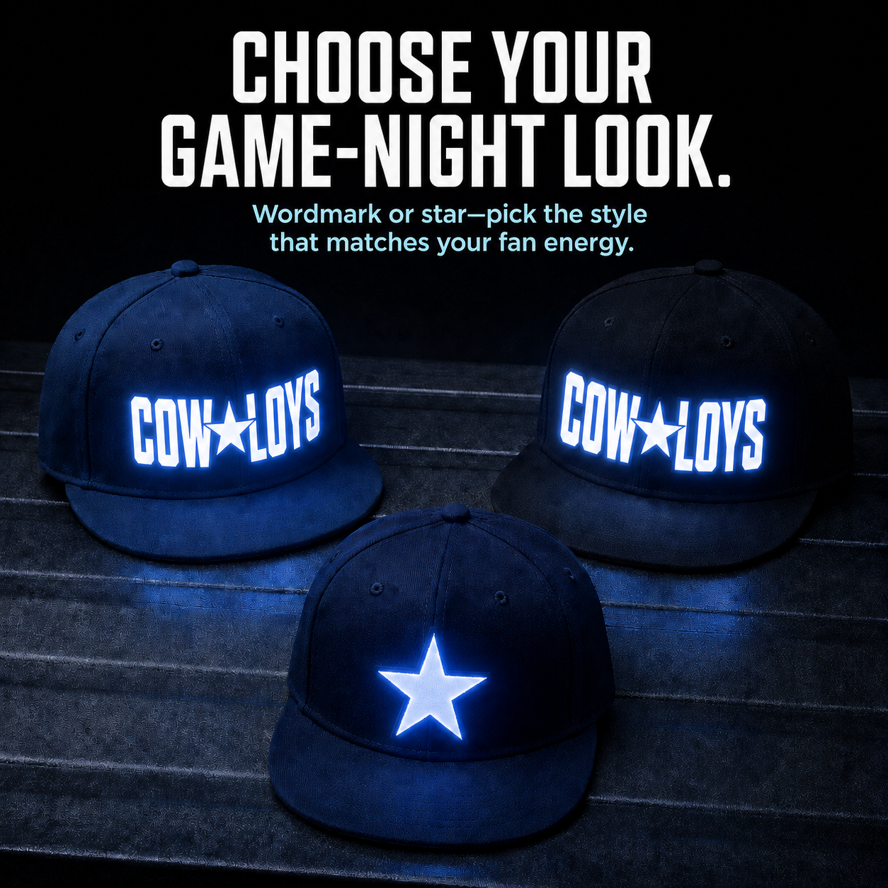 Light-Up Game Day Fan Cap – Glow Logo Flat-Brim Hat