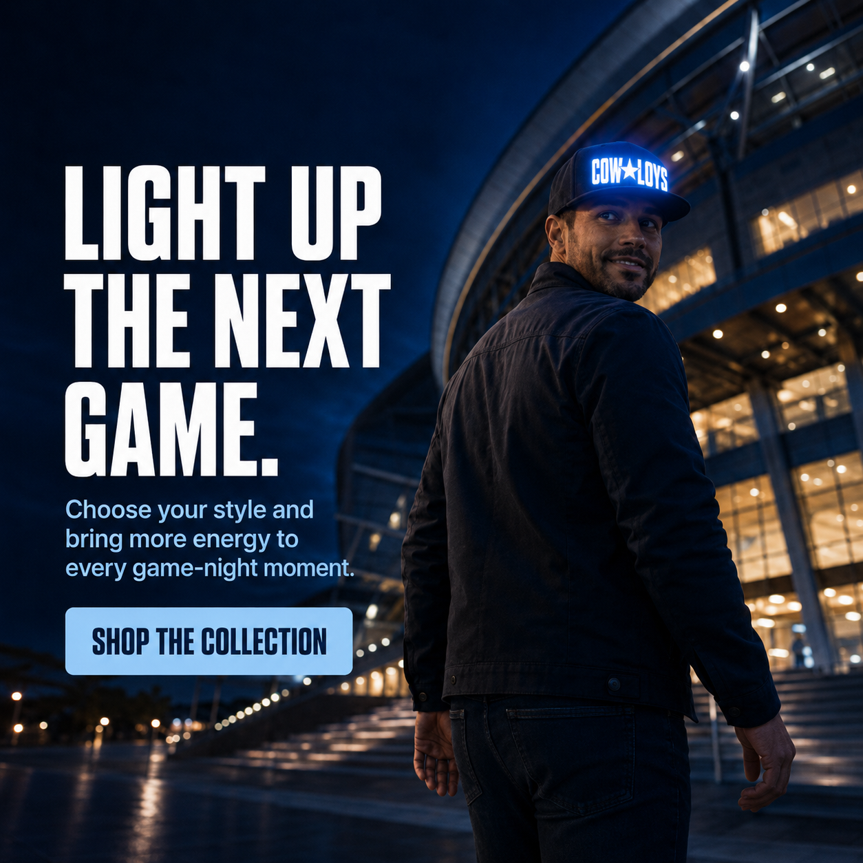 Light-Up Game Day Fan Cap – Glow Logo Flat-Brim Hat