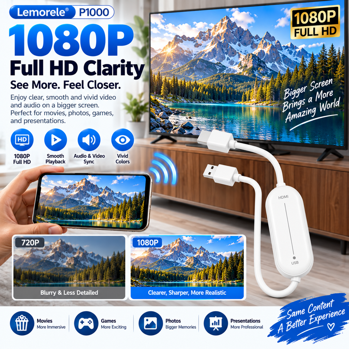 📺 Wireless HDMI Screen Mirroring Adapter – 1080P Plug & Play