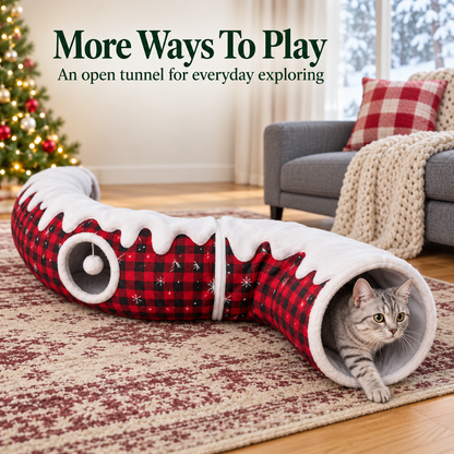 🎄 Christmas Cat Tunnel & Tree Skirt | Festive Plaid Hideaway with Hanging Pompom