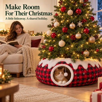 🎄 Christmas Cat Tunnel & Tree Skirt | Festive Plaid Hideaway with Hanging Pompom