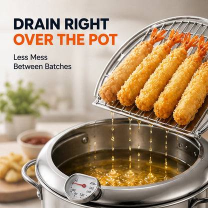 🍟 Fry Crispy Food at Home – Stovetop Deep Fryer Pot with Thermometer & Drain Rack
