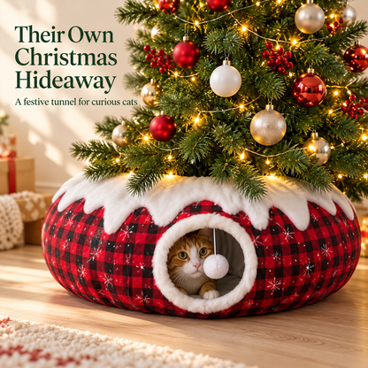 🎄 Christmas Cat Tunnel & Tree Skirt | Festive Plaid Hideaway with Hanging Pompom