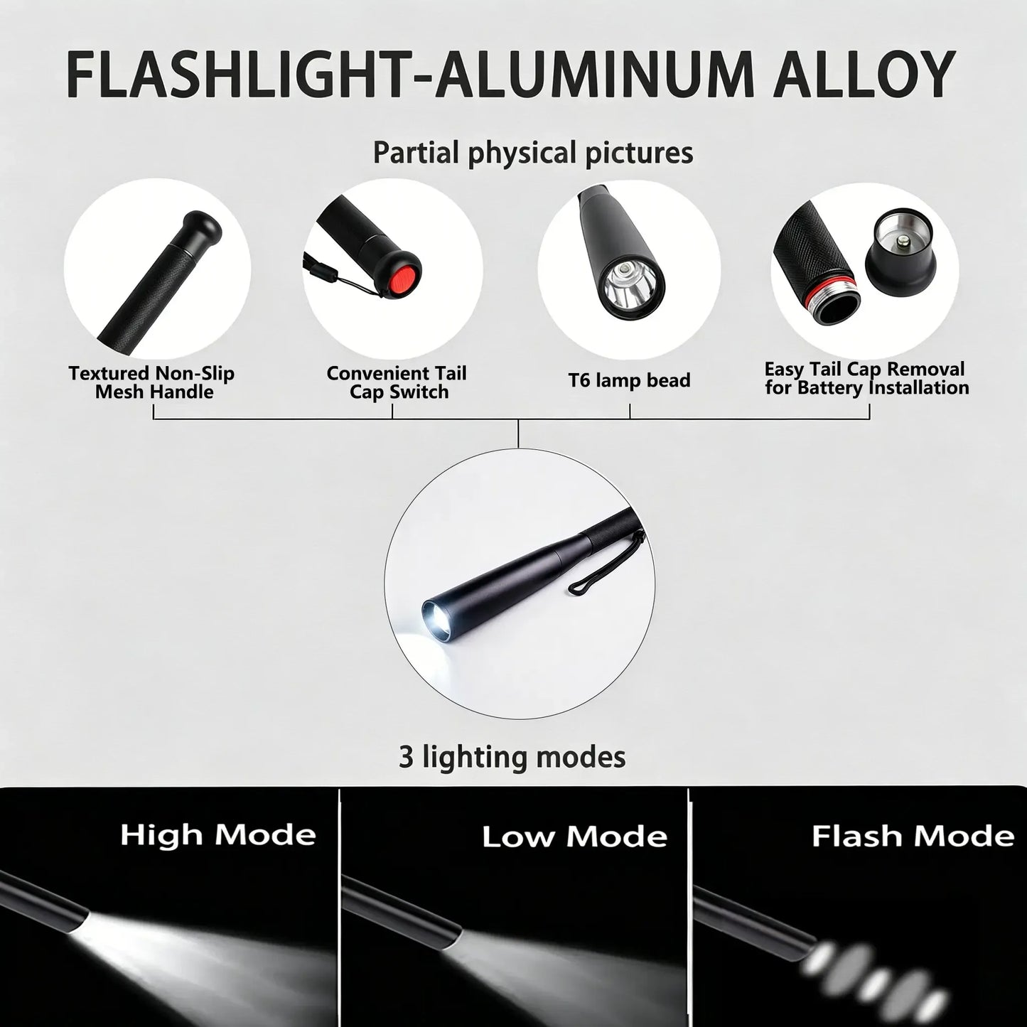 Aluminum Alloy Flashlight – 3 Modes Durable Portable Torch